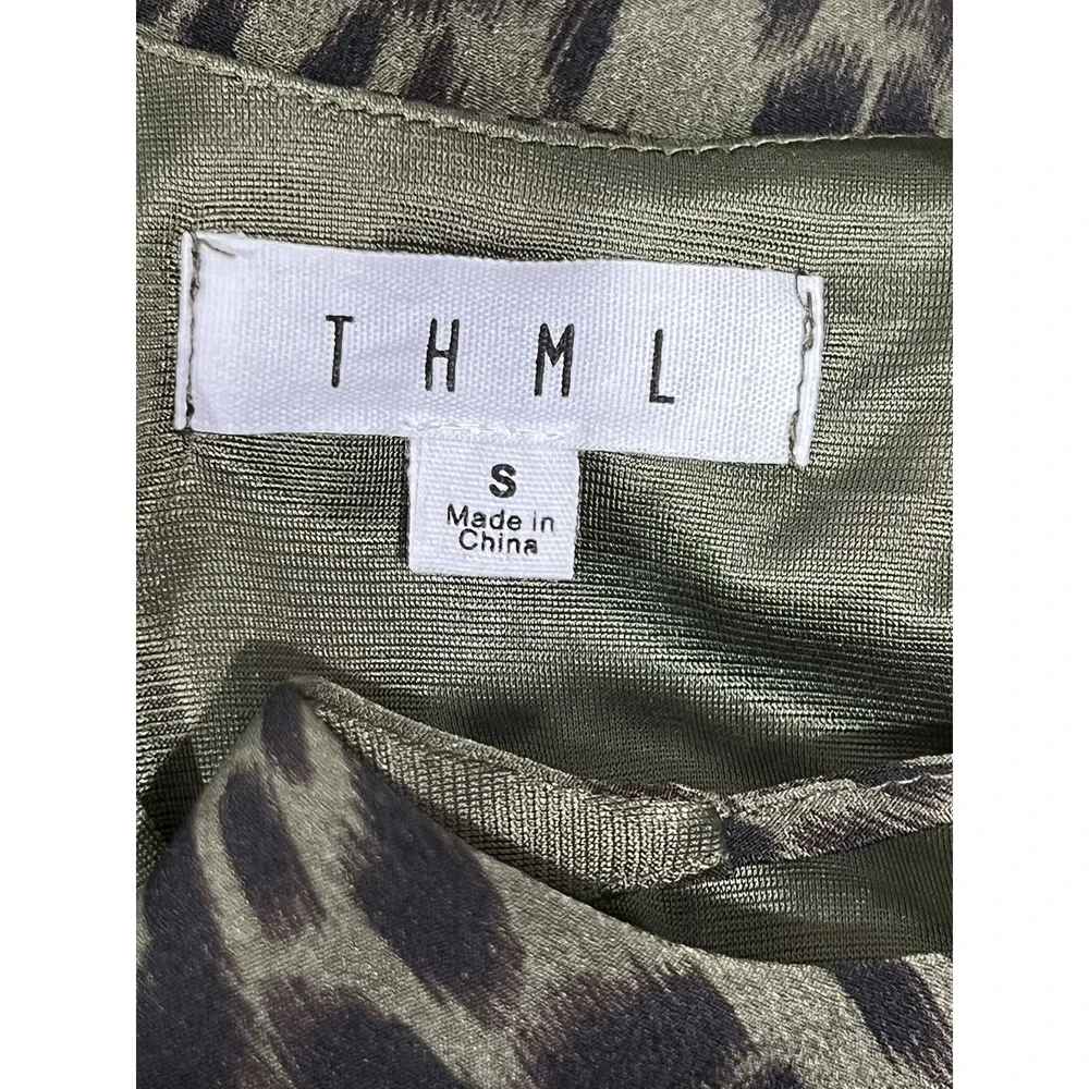 THML Midi Slip Dress Small‎ Sleeveless Olive Green Black Animal Print Lined